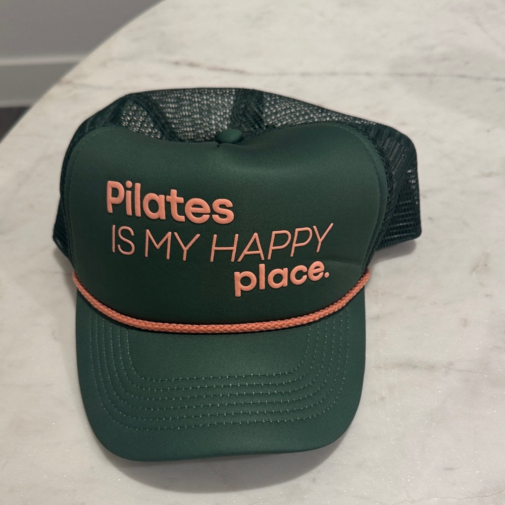 Green Trucker Hat with Pink Pilates text